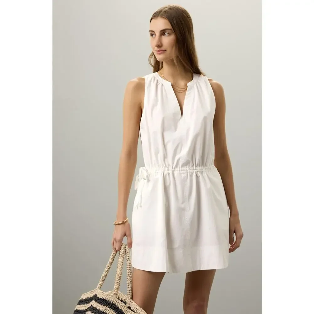 Splendid Chase Cotton Poplin Dress White Mini Drawstring Waist Sleeveless Sz L - Picture 1 of 11